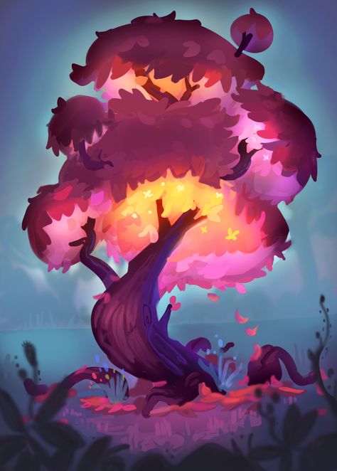 ArtStation - enchanted tree, Jovana Damcevska Fantasy Trees Concept Art, Magical Tree Illustration, Fantasy Tree Concept Art, Enchanted Tree Drawing, Magical Tree Art, Trees Concept Art, Tree Fantasy Art, Fantasy Tree Art, Magic Tree Art