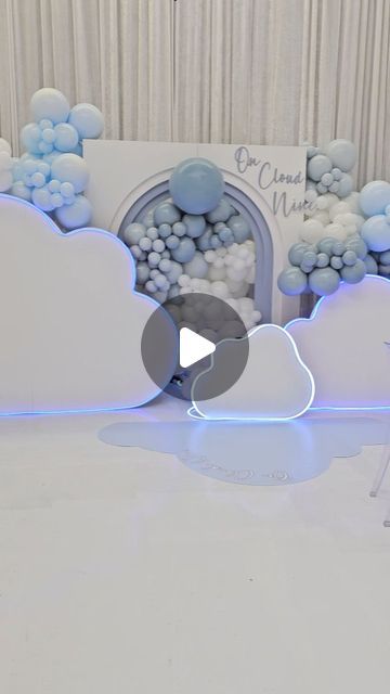 Luxe Ambiance on Instagram: "On Cloud Nine ☁️ ☁️   Design and Decor @luxeambiance  Venue @luxeambiancestudio  Graphics @hybriidbox  Furniture rentals @ruedvine  #oncloudnine #babyshowerdecor #babyshowertheme #dmvparties #dmvdecorator #oncloudninebabyshower #dmvpartyvenue" Cloud Nine Centerpiece, On Cloud Nine Backdrop, Cloud Backdrop Photoshoot, On Cloud Nine Centerpieces, Cloud 9 Centerpiece, Baby Shower Ideas Clouds, Clouds Theme Party, Cloud 9 Baby Shower Theme Boy, Cloud Dessert Table