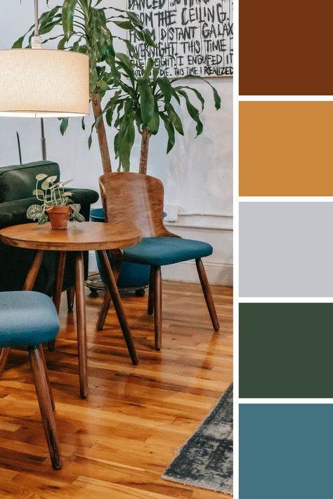 Warm bronze colors combined with the deep teal blue and dark green makes this color palette worth tryingHEX codes743512 Russet CB873C Bronze C2C5CA Silver Sand 394C39 Kombu Green 437381 Teal Blue Blue Green Home Color Palette, Dark Green And Dark Blue Living Room, Teal Palette Living Room, Dark Teal Color Palette Living Room, Blue Living Room Palette, Dark Green And Teal Bedroom, Dark Green And Blue Palette, Blue Green Color Palette Living Room, Green And Blue Color Palette Living Room