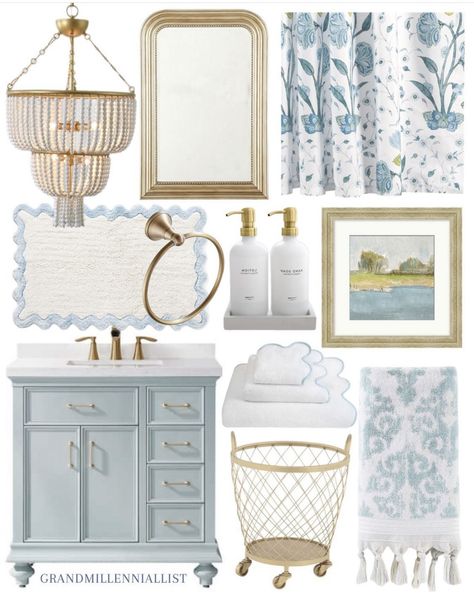 Grandmillenial Master Bath, Grandmillenial Bathroom Decor, Bathroom Blue Accents, Coastal Grandmother Bathroom Decor, Costal Grandmother Bathroom, Grandmillennial Bathroom Decor, Coastal Grandma Bathroom, Grand Millennial Bathroom Shower Curtain, Path Room