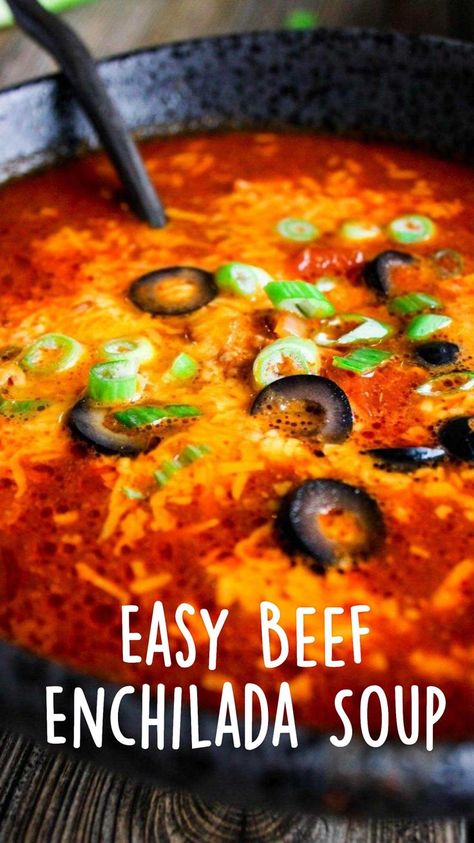 Easy Beef Enchilada Soup | Beef enchiladas, Enchiladas, Easy beef enchiladas Ground Beef Enchilada Soup, Beef Enchilada Soup, Beef Spices, Enchiladas Easy, Enchilada Soup Recipe, Easy Beef Enchiladas, Soup Beef, Grilled Cheese Croutons, Creamy Carrot Soup