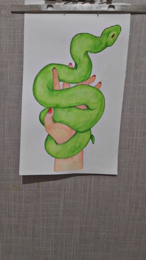 Female hand green snake drawing and coloring with watercolor Green Snake Painting, Green Snake Drawing, Snake Drawing Color, Snake Painting, Snake Drawing, Green Snake, Green Paintings, Drawing Watercolor, Red Carpet Look