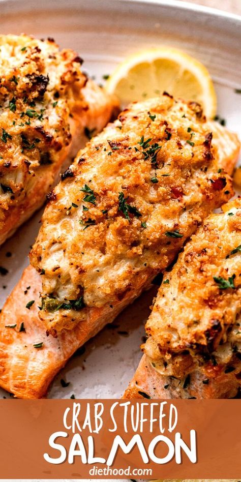 Crab Rangoon Stuffed Salmon, Stuffed Salmon Cream Cheese, Crab Crusted Fish, What To Do With Crab Meat, Blackened Stuffed Salmon, Salmon Flatbread Recipes, Stuffed Salmon Recipes Baked Crab Meat, Cedar Plank Crab Stuffed Salmon, Stuffing For Salmon Recipe