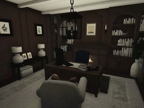 Modern Bloxburg Master Room, Dark Academia Aesthetic Bloxburg House, Small Bloxburg Office, Bloxburg Library Room Ideas, Roblox Bloxburg Office Ideas, Blocksburg Office Ideas, Bloxburg House Ideas Dark Academia, Office Room Bloxburg, Grunge Bloxburg Room