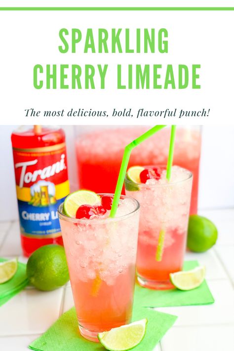 Football season is back again, and I’m all about the tailgates! No surprise there! This homemade Cherry Limeade is the best game day punch! Made with sprite, fresh lime juice, maraschino cherries, and my favorite Cherry Limeade Torani Syrup. Sprite And Nerds Drink, Torani Cherry Syrup Recipes, Torani Syrup Recipes Drinks Soda, Torani Soda Recipes, Torani Syrup Recipes Drinks Water, Torani Drink Recipes, Torani Syrup Recipes Drinks, Torani Drinks, Sugar Free Syrup Recipe