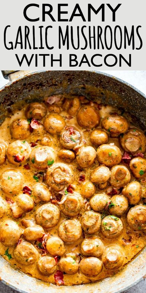 Deliciously Creamy Garlic Mushrooms with Bacon are a fabulous side dish prepared with butter, garlic, bacon, and cream. Mushroom Side Dish Recipes, Easy Mushroom Recipes, Healthy Desayunos, Mushroom Side Dishes, Creamy Garlic Mushrooms, Mushroom Dish, Quick Dishes, God Mad, Garlic Mushrooms