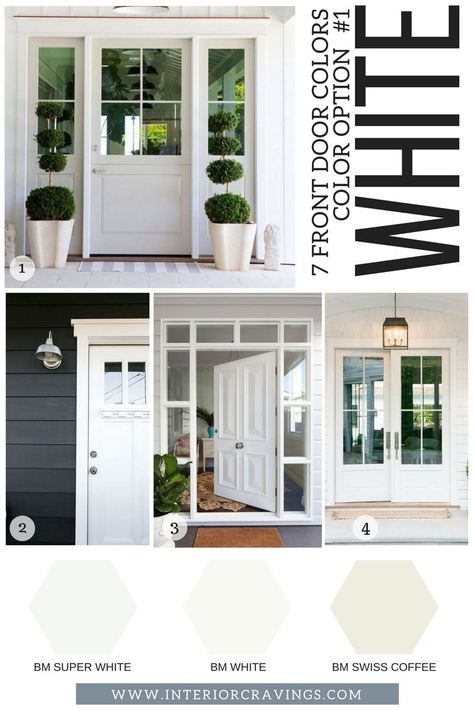 7 FRONT DOOR COLORS - white front doors inspiration and white paint codes and paint swatches Garage Door Designs, Exterior Door Colors, White Front Door, Front Door Inspiration, Interior Design Tools, Door Paint, Front Door Paint Colors, Door Colors, Best White Paint