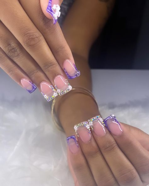 purple blinged out duck nails ✨💜 • • • • • #ducknails #purplenails #promnails #bookwithme #nailswanaya #explorepage✨ #explore #viral #nails #beginnernailtech #dynamicnailsupply #supportme Toes Nails Purple, Purple Set Nails, Short Nail Ideas Purple, Purple Nail Looks, Purple Junk Nails, Purple Nails Birthday, Short Pink Nails Ideas, Purple Duck Nails, Purple Gel X Nails