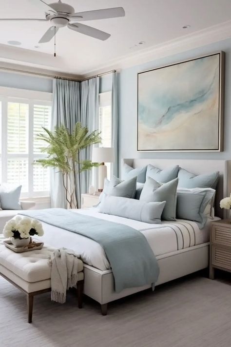 Beach Bedroom Colors, Coastal Contemporary Bedroom, Biophilic Bedroom, Bedroom Ideas Bedding, Charleston Decor, Bedroom Ideas Bed, Bed Bedroom Ideas, Modern Chic Bedroom, Gardens Decor