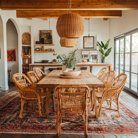 Boho chic dining room  #homedecor #ʙᴏʜᴏsᴛʏʟᴇ #boho #b͟o͟h͟o͟c͟h͟i͟c͟s͟t͟y͟l͟e͟ #decorbohochic   #decoration #interiorinspo #interiordecor #interiorinspiration Dining Table Boho, Modern Boho Dining Room Decor, Modern Bohemian Dining Room, Bohemian Style Dining Room, Boho Farmhouse Dining Room, Room Inspiration Boho, Modern Boho Dining Room, Boho Chic Dining Room, Boho Dining Table