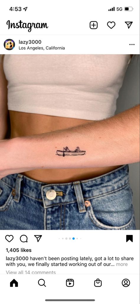 Life Boat Tattoo, Feminine Boat Tattoo, Boat Line Tattoo, Bass Boat Tattoo, Canoe Tattoo Ideas, Rowing Boat Tattoo, Fishing Pole Tattoo Grandpa, Canoe Tattoo Simple, Ferry Boat Tattoo