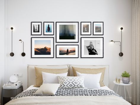 How To Decorate Above Bed, Photos Above Bed, Decorate Above Bed, Frames Above Bed, Pictures Above Bed, Above Bed Ideas, Photo Walls Bedroom, Wall Decor Above Bed, Decor Above Bed