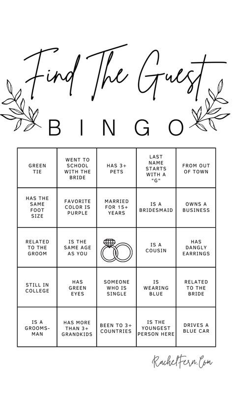 Wedding BINGO or Find the Guest BINGO to have your guests mingle and meet each other! Wedding Bingo, Wedding Party Games, Wedding Games For Guests, Wedding Reception Games, Wedding Game, Wedding Reception Fun, Bridal Shower Planning, Wedding Activities, Future Wedding Plans