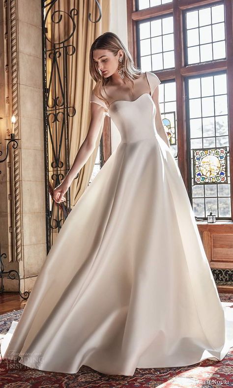 Clean Ball Gown Wedding Dress, Satin Wedding Dress With Cap Sleeves, Cap Sleeve Satin Wedding Dress, Cap Sleeve Ball Gown Wedding Dress, Minimalist A Line Wedding Dress, Satin Wedding Dress Sleeves, Sweetheart Neckline Wedding Dress With Sleeves, Satin Sweetheart Wedding Dress, Minimalist Satin Wedding Dress