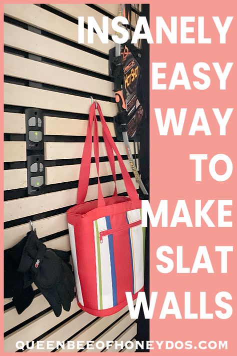 The absolutely easiest slatwall that doesn't require expensive accessories! #storage #woodworking #slat #wall #garage Slat Wall Store Display, Diy Slatwall Display, Hanging Wall Storage Ideas, Slat Wall Laundry Room, Slat Shelf Wall, Slatwall Display Ideas, Slatwall Ideas Home, Slat Wall With Shelves, Garage Slat Wall