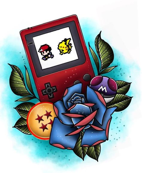 Ash Ketchum & Pikachu - Gameboy, Pokemon Gameboy Tattoo, Cards Tattoo, Gameboy Pokemon, Gamer Tattoos, Pokemon Tattoo, Ash Pokemon, Paper Background Design, Pixel Art Games, Card Tattoo