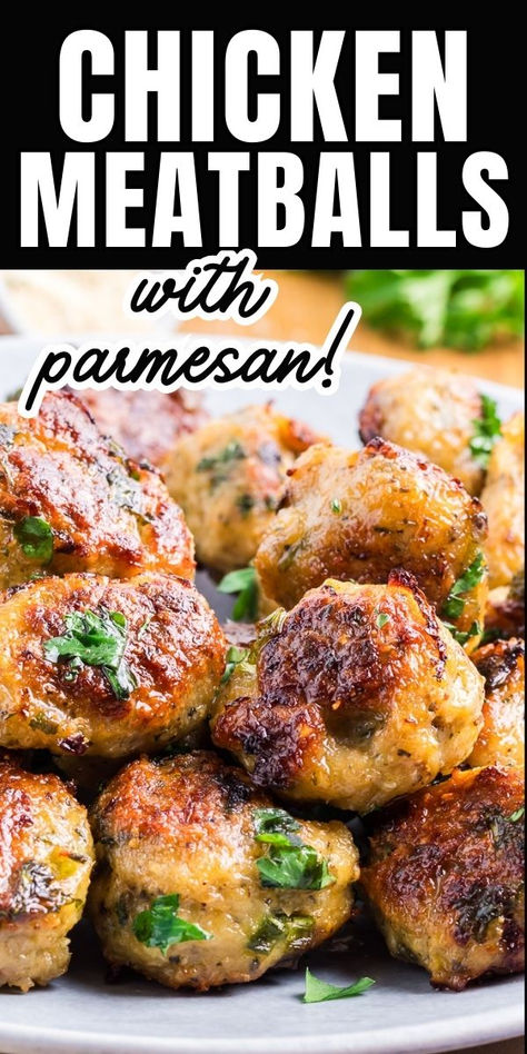 Baked chicken meatballs on a white plate. Chicken Meatball Appetizer Recipes, Chicken Meatball Meals, Parmesan Chicken Meatballs, Healthy Chicken Meatballs, Guest Recipes, Baked Parmesan Chicken, Chicken Parm Meatballs, Chicken Parts, Easy Suppers