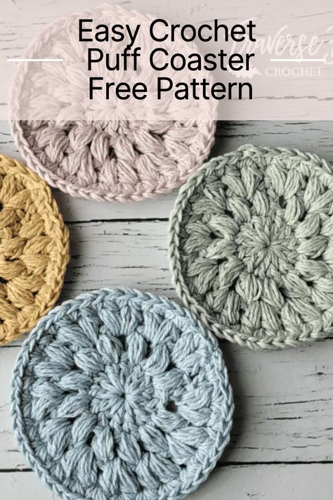 Easy crochet puff coaster free pattern Crochet Hexagon Coasters Free Pattern, Crochet Coaster Free Pattern, Coasters Free Pattern, Crocheted Coasters, Easy Beginner Crochet Patterns, Crochet Mug Cozy, Coaster Crochet, Crochet Mug, Crochet Coasters Free Pattern