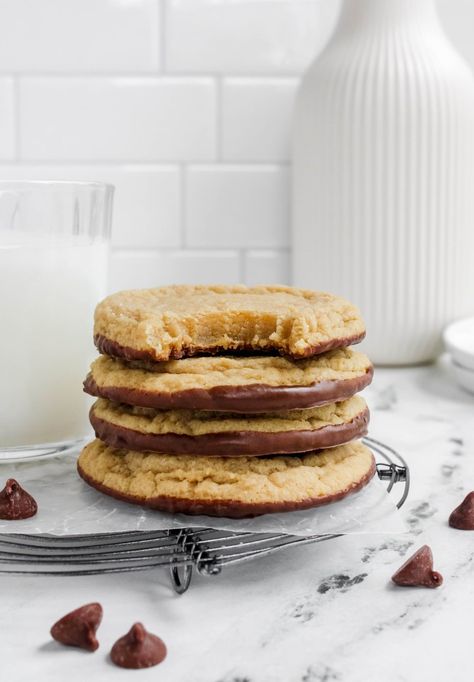 Chocolate Dipped Chipless Cookies Chocolate Dipped Chipless Cookies, Thick And Chewy Cookies, Chipless Chocolate Chip Cookie, Cookie Dippers Recipe, Chocolate Chipless Cookie, Chess Cookies, Chipless Cookies, Cookie Dipper, Soft Frosted Sugar Cookies