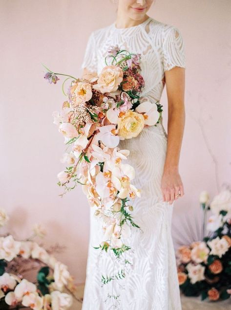 Wedding Bouquets That Drape, Draping Flower Bouquet, Orchid Wedding Bouquet Fall, Modern Mauve Wedding, Fall Cascading Bouquet, Droopy Bouquet Wedding, Asymmetrical Bridal Bouquet, Cascading Wedding Bouquets Summer, Bridal Bouquet 2023