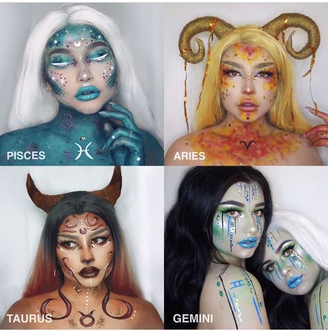 Makeup Zodiac Signs Halloween Costume, Gemini Costume Halloween, Gemini Makeup Zodiac Signs, Gemini Costume Zodiac, Star Sign Makeup, Zodiac Signs Costumes, Gemini Halloween Costume, Horoscope Costume, Astrology Costume