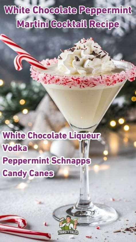 White Chocolate Peppermint Martini Cocktail Recipe: A Festive Flavor Adventure - Thirsty Tales Christmas Drinks Alcohol Martini, Peppermint Esspreso Martini, Christmas Drink Party Ideas, Chocolate Holiday Drinks, Christmas Alcohol Drinks For Adults, Peppermint Mocha White Russian, Drinks With White Chocolate Liqueur, Peppermint Mixed Drinks, Chocolate Peppermint Martini Recipe