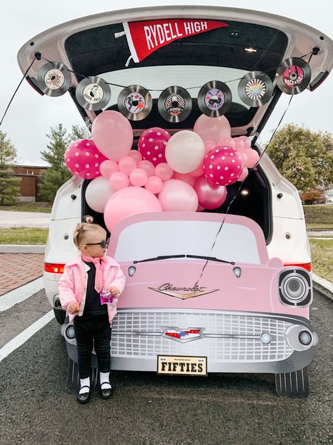 Trunk Or Treat Ideas For Cars Fall Theme, Pink Ladies Grease Trunk Or Treat, 1950s Trunk Or Treat Ideas, Trunk Or Treat Ideas For Cars 50s Theme, Trunk Or Treat Grease Theme, Grease Themed Trunk Or Treat, 1950s Trunk Or Treat, Sock Hop Trunk Or Treat, Barbie Halloween Trunk Or Treat