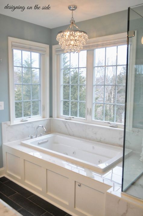 I love the chandelier over the bathtub but in wrought iron to fit the theme. Or maybe in bronze?? Makeover Kamar Mandi, Decor Baie, Bad Inspiration, Master Bath Remodel, Hus Inspiration, Dream Bathrooms, Bathroom Renos, Cool Ideas, Dream Bathroom