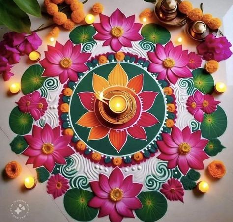 Rangoli Designs With Colors, Big Rangoli Designs Creativity, Tulsi Puja, Color Rangoli, Onam Pookalam, Traditional Rangoli, Poster Rangoli, Rangoli Diwali, Lotus Rangoli