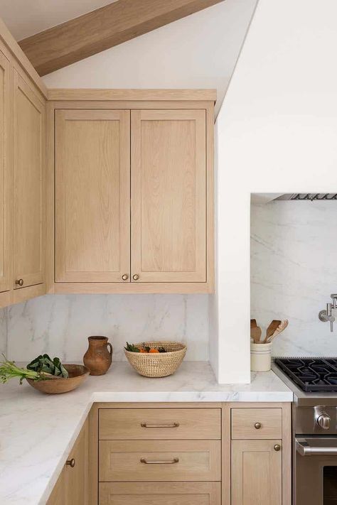 Natural Wood Cabinets With Gold Hardware, Unstained Maple Cabinets, Light Wood Cabinets Gold Hardware, Cozy Contemporary Kitchen, Blonde Wood Kitchen Cabinets, Natural Maple Kitchen Cabinets, Cabinets 2023, Refinishing Kitchen Cabinets, Timeless Kitchen Ideas