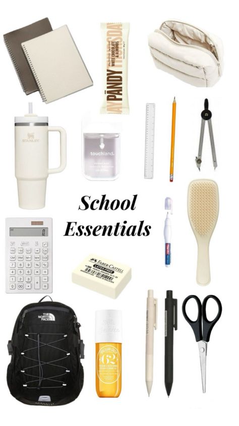 What School Supplies For 7th Grade, Supplies For School Aesthetic, School Supplies Color Scheme, Clean Girl Aesthetic School Supplies, It Girl School Supplies, Back To School Asthetics Supplies, Senior School Supplies List, Beige School Aesthetic, Clean Girl School Supplies