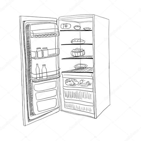 Cabinet Sketch, Fridge Drawing, Open Fridge, Empty Fridge, Grafic Design, Costume Diy, Poster Ideas, Illustration Sketches, File Cabinet