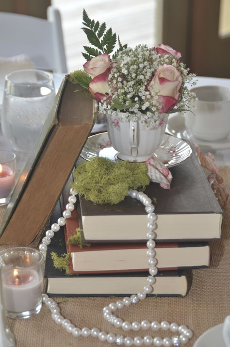 Centerpieces Using Books, Tea Centerpieces, Teacup Centerpieces, Bridal Shower Tea Party Theme, Inexpensive Centerpieces, Tea Party Centerpieces, Tea Cup Centerpieces, Pearl Bridal Shower, Cup And Saucer Crafts