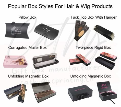 Need to pack your hair and wig product safely and nicely? Check out the 6 selected box styles for simple or luxurious packaging. You can custom make the size and designs for a unique packaging to enhance your brand.😄 Hair Bundle Box Packaging Ideas, Bundle Box Ideas, Luxury Wig Packaging, Hair Extension Packaging Ideas, Wig Packaging Ideas, Hair Packaging Ideas, Hairstylist Goals, Hair Packaging Design, Weave Business