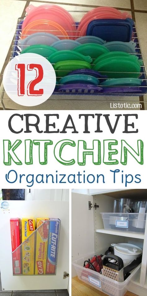 Easy DIY small kitchen organization ideas and storage tips for your cabinets, your countertops, under your sink and in your pantry! I'll bet you could go to the dollar store or dollar tree and do these projects for cheap. These hacks are great for apartments! Listotic.com Small Kitchen Organization Ideas, Dollar Tree Kitchen Organization, Kitchen Renovation Diy Ideas, Dollar Tree Kitchen, Apartment Kitchen Organization, Kitchen Organization Tips, Dollar Tree Organization, Kitchen Organization Ideas, Affordable Kitchen