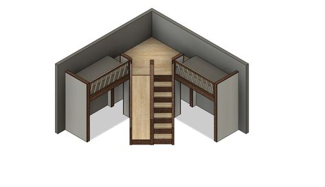 DIY build plans for corner loft bed with under corner room. Both beds in this design are twin beds (38" x 75"). Built in staircase for easy access to the upper space. There is also a built in slide for an alternative way down from the upper space. Under corner room is great for a play space, storage, closet, game room, etc. Human outlines: Male: 6 ft. Female: 5 ft. 6 in. Child: 45 in. Contact us for custom designs or complete builds. Follow us on social media for updates and new projects. -Insta Gaming Loft Beds, L Shape Loft Bed Kids Rooms, Built In Loft Beds For Kids Floating, L Shaped Bunk Beds Space Saving, Adult Loft Bed With Stairs, Corner Loft Beds Diy Plans, Built In Bunk Beds Corner, L Shaped Loft Beds For Kids, Corner Bunk Beds Built In