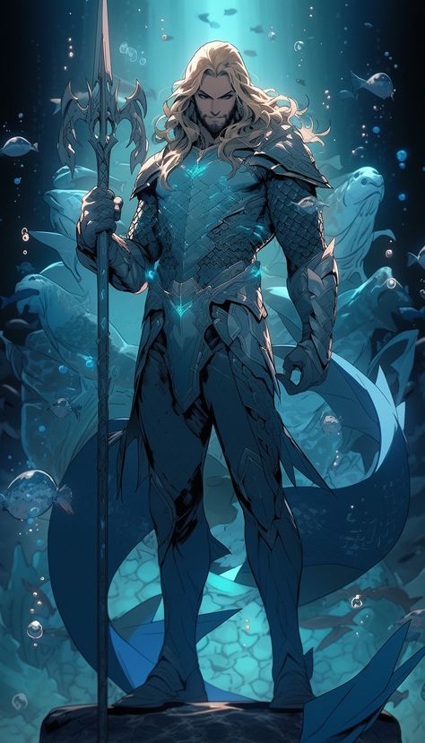 Posiden Fantasy Art, Poseidon Character Design, Trident Wallpaper, Aquaman Art, Aquaman Artwork, Water Warrior, Characters Inspiration Drawing, Dc Comics Artwork, Dungeons And Dragons Characters