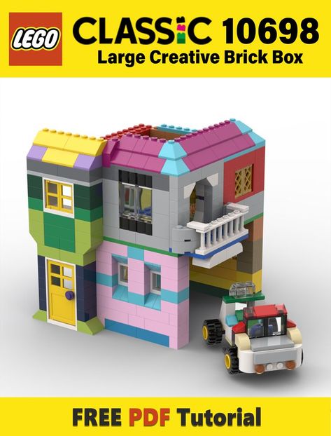 Easy PDF instruction on how to make house with a garage from bricks of the LEGO classic set series 10698 Large Creative Brick Box. In my Lego tutorial, you can build a house with two stories. On the first floor there will be a kitchen, a dining room and a garage. On the second floor we will make a balcony, a bedroom with a bed and a table, curtains, a bathtub, a toilet, a washbasin. Lego Diy Projects, Lego Blueprint, House With Garage, Lego House Ideas, Lego Furniture, Lego Boxes, Lego Building Instructions, Lego Club, Construction Lego