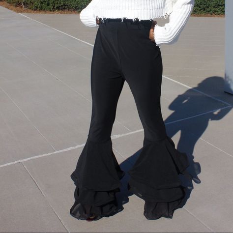 Super Stacked Flared Black Pants. Long Leg Pants Into Wide Layered Flare. Layered Light Weight Material. Flared Slacks Outfit, Fancy Flare Pants, Stylish Pants Women Fashion, Flare Pants Outfit Formal, Gothic Bottoms, Bellbottom Pants Outfits, Black And Red Pants, Fyodor Cosplay, Black Ruffle Pants