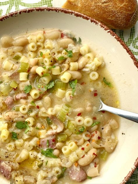 White Pasta Fagioli - Proud Italian Cook White Pasta Fagioli, Pasta Fagioli Soup Recipe, Pasta Fazool, Pasta Fagioli Recipe, Pasta Fagioli Soup, Pasta E Fagioli Soup, Fagioli Soup, Ditalini Pasta, Pasta Fagioli