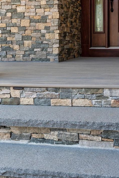 Front Porch Steps And Pathway Ideas With Bluestone, Grand Front Porch Steps, Porch Stone Ideas, Front Entryway Ideas Exterior Steps, Front Porch Stone Ideas, Paver Front Porch Entrance, Rock Steps Porch Front Entry, Brick Steps Front Porch Entrance, Front Door Steps Ideas Entrance Stairs