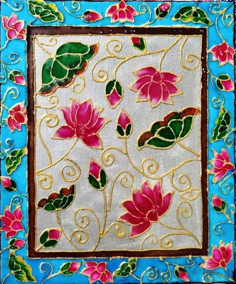 Meenakari Painting On Canvas, Lotus Lippan Art, Minakari Painting, Pichwai Paintings Motifs, Lipin Art, Meenakari Painting, Meenakari Art, Lotus Motif, Pichwai Art