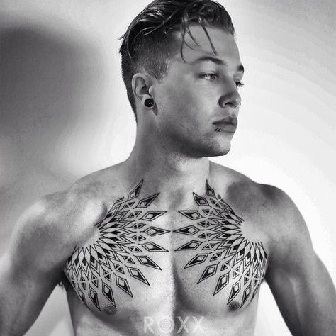 Geometric Chest Tattoo | Best tattoo design ideas Geometric Chest Tattoo, Mandala Chest Tattoo, 2spirit Tattoo, Geometric Chest, Chest Ideas, Samoan Tattoo, Chest Piece Tattoos, Chest Tattoo Men, Arrow Tattoos