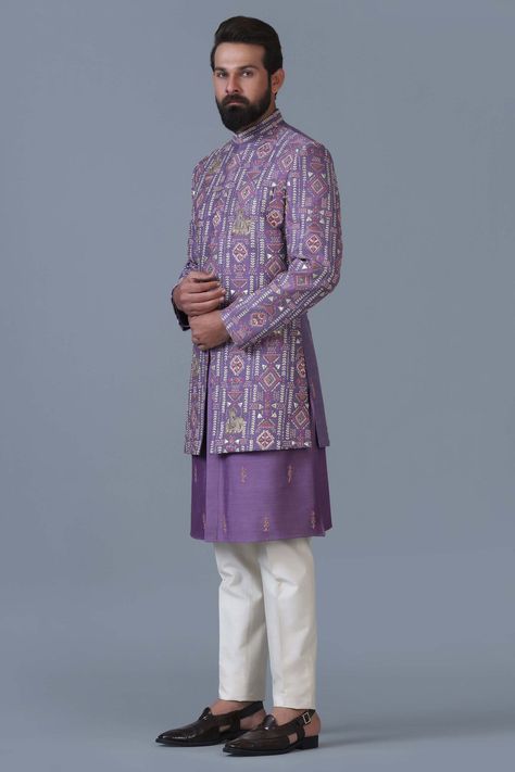 Lilac Suit Men, Engagement Outfit For Man, Indowestern Outfits For Men, Indo Western Outfits For Men, Suits For Guys, Lavender Outfit, Wedding Kurta, Shades For Men, Wedding Kurta For Men