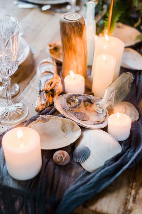 Ocean Inspired & Industrial Wedding Ideas Fall Ocean Wedding, Seashell Tablescape, Ocean Wedding Ideas, Whale Wedding, Tablescape Candles, Beach Birthday Decorations, Layered Table, Sea Wedding, Ocean Wedding