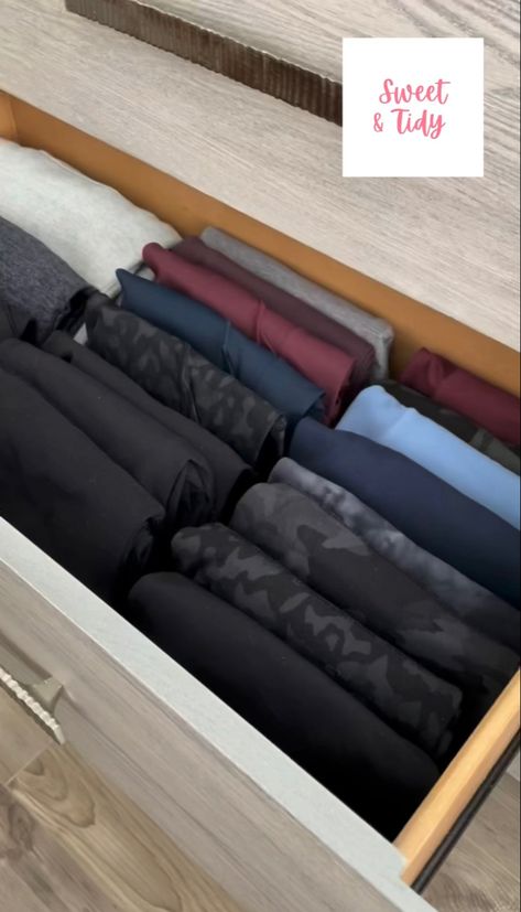 Folded leggings Organize Pants In Drawers, Organizing Pajama Drawer, Drawer Organization For Clothes, Deep Clothes Drawer Organization, Fold Pants In Drawers, Yoga Pant Organization, Drawer Folding Organization, Leggings Organization Drawer, How To Store Leggings In Drawer