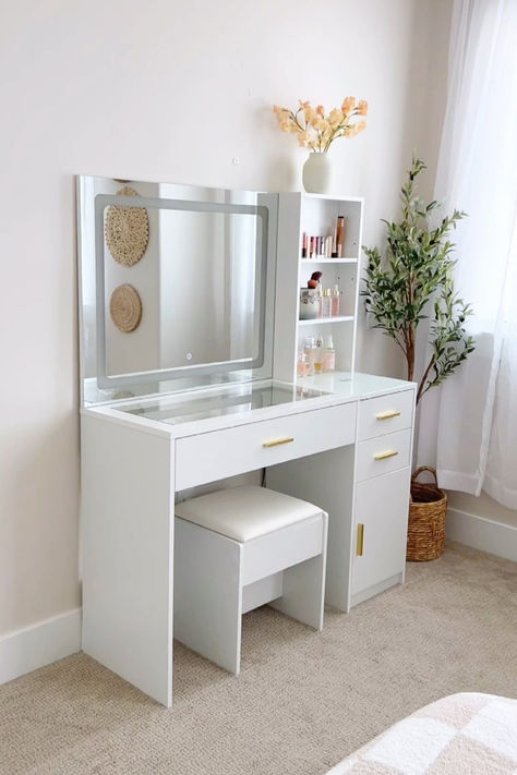 Get chic with this beautiful white dresser. Shop with code PIN15 to save extra 15% off Mirror And Table Decor, Beauty Vanity Ideas, Meja Rias Aesthetic, Vanity In Closet, Mini Room Ideas, Vanity Room Decor, Vanity Ideas Bedroom, Makeup Dresser, White Vanity Table