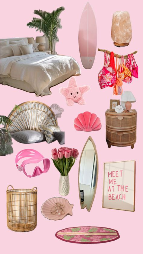 Beachy, pink, starfish, jellycats, surfboard, pink, rattan furniture, girly, bikini, bikini box Pink Beachy Aesthetic Bedroom, Tropical Room Decor Ideas, Pink Ocean Themed Bedroom, Coconut Girl Aesthetic Room Decor, Pink Beach House Decor, Cute Beach Room Decor, Pink Beach Room Aesthetic, Beachy Pink Bedroom, Pink Costal Bedroom