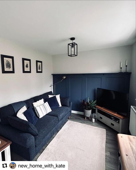 @new_home_with_kate turned their cosy living room into a chic and modern space with some stunning wall panelling! This space has been completely transformed with our bespoke shaker-style panelling kit with beading, painted in a bold navy blue: Ammonite by Farrow and Ball Navy Blue Panelling Living Room, Blue Panelling Living Room, Navy Panelling Living Room, Navy Wall Panelling, Navy Blue Panelling, Shaker Wall Panelling, Blue Panelling, Half Painted Wall, Beige Walls Bedroom