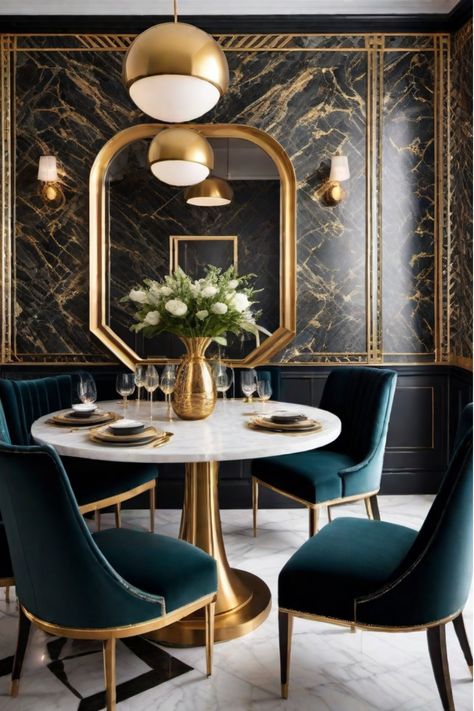 Glamorous art deco dining room with gold geometric wallpaper Art Deco Breakfast Nook, Art Deco Dining Room Interior Design, Modern Art Deco Dining Room, Dining Room Art Deco, Art Deco Interior 1920s, Glamorous Dining Room, Black Geometric Wallpaper, Dinning Room Art, Deco Dining Room